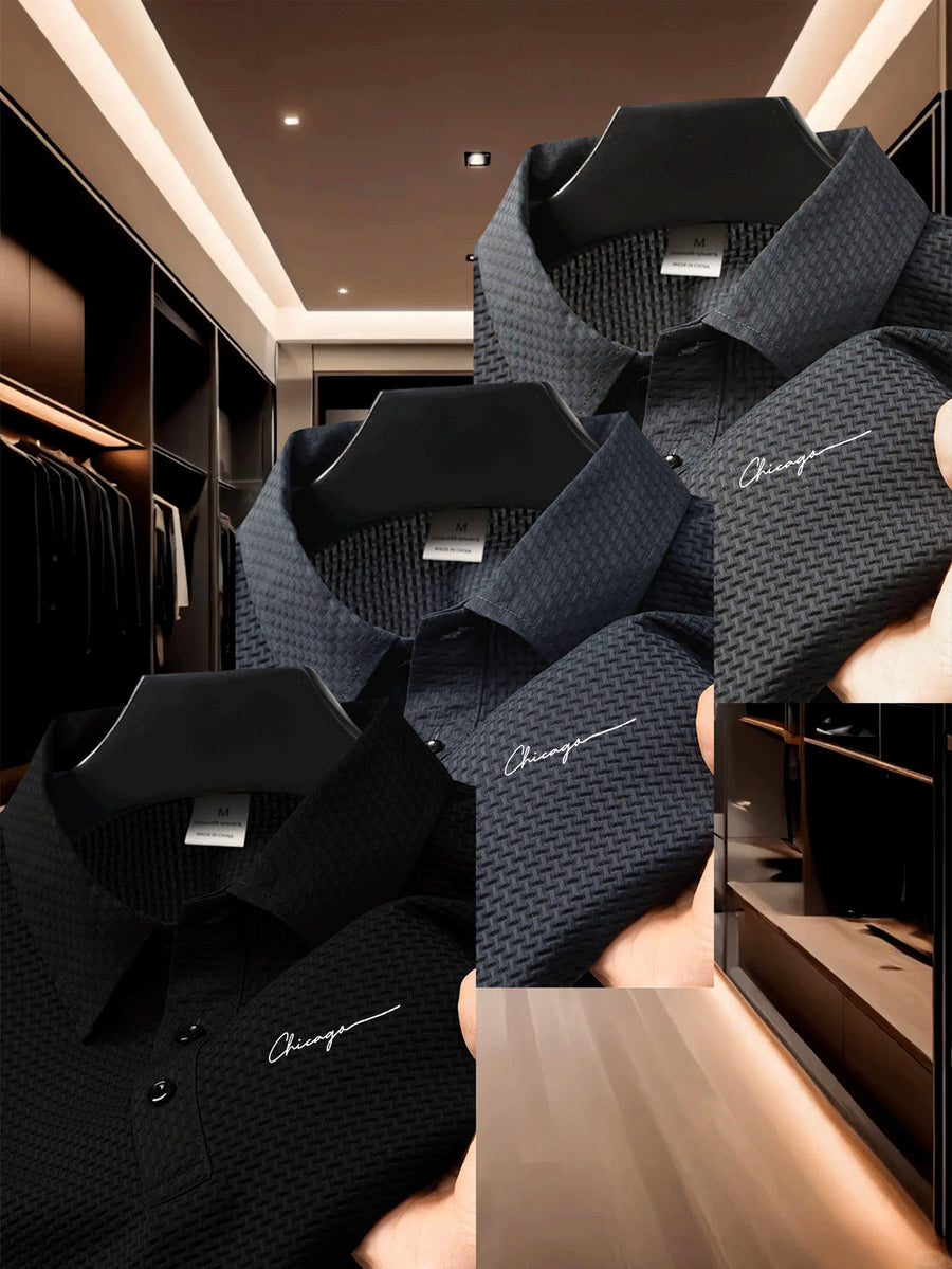 3pcs Men's Classic Polo Shirt Set, Casual and Comfortable Stretch Lapel Button- Short-sleeve Shirt, Suitable for Outdoor Sports and Leisure, Made of Breathable, Comfortable, and Elastic Fabric - Black+Navy+Dark Gray