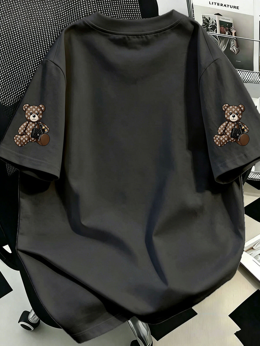 Plus Size, Plus-size Women's Crossbody Bag with Bear Print, Round Neck Short-sleeve T-shirt. Suitable for Summer Vacations, Beach, Holidays, Spring, Valentine's Day, Carnivals, Mother's Day Gifts; a Gift for Mom. Suitable for Daily Wear - Dark Gray