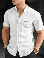Josh Rose OBOM | Lightweight and Breathable Solid-color Button- Shirt with Geometric Pattern, Featuring a Simple Stand-up Collar Design. Suitable for Beach Vacations, Pool Parties, and Casual Wear. Comfortable and Simple for Daily Outings - White+Black+Sky Blue