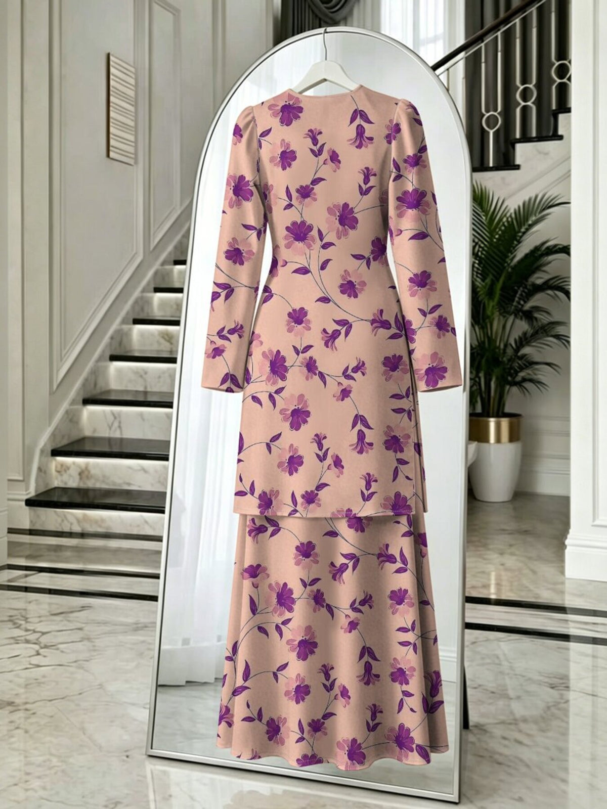 2pcs Women's Middle Eastern Muslim Robe Set, Non-Embroidered Vintage Floral 2pcs Set, Long-Sleeve Long Top + Maxi Skirt, Dubai Islamic Conservative Women's Clothing, for Daily Prayer and Outings, Gentle Style Muslim Women's Set - Mixed colors
