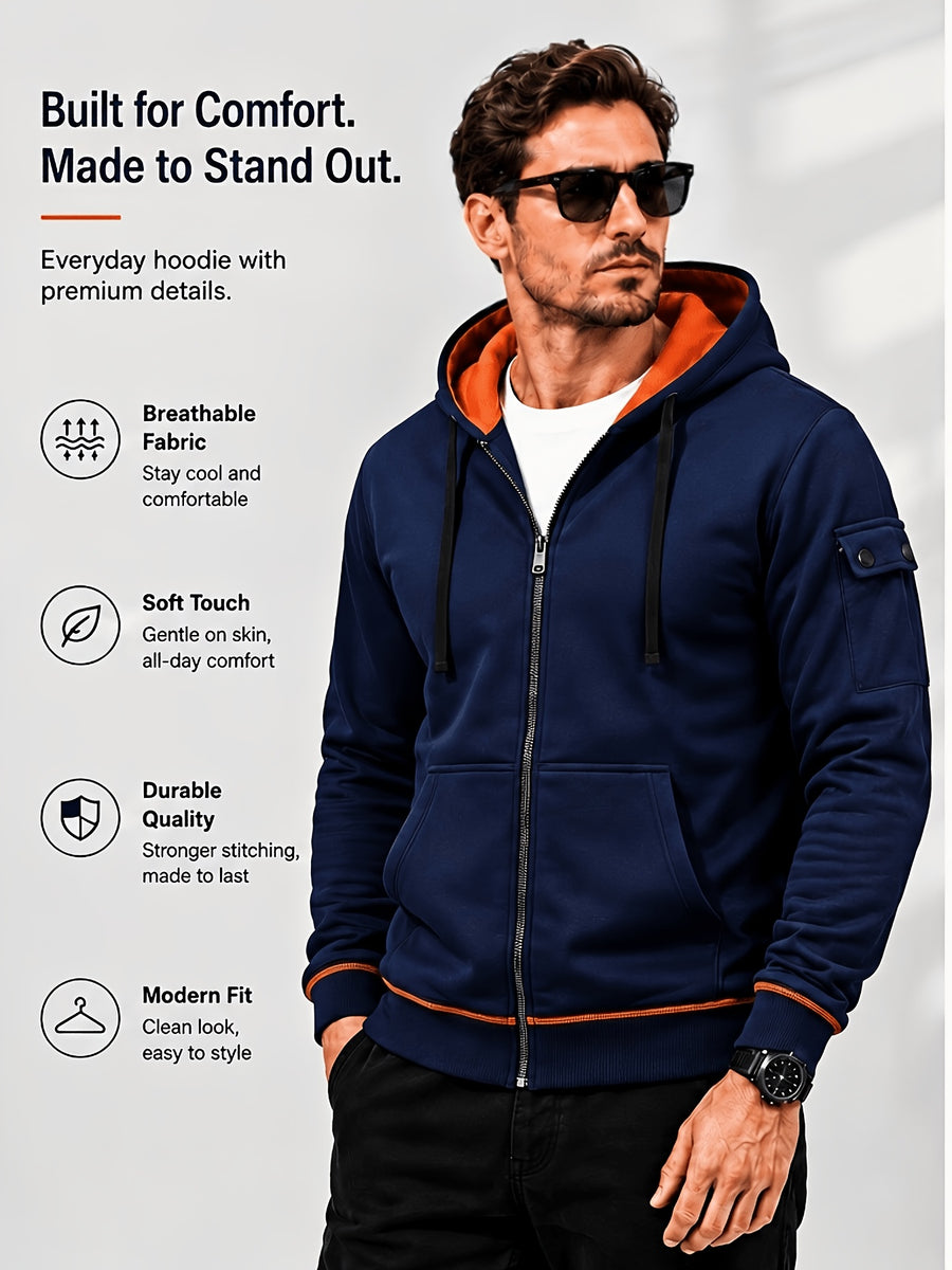 Hoodie, Men'S Fashion Color-Block Zip-Up Hoodie, Multi-Pocket Design Showcasing Individuality, Solid Casual Versatile Hoodie, Autumn/Winter Outerwear - Navy Color