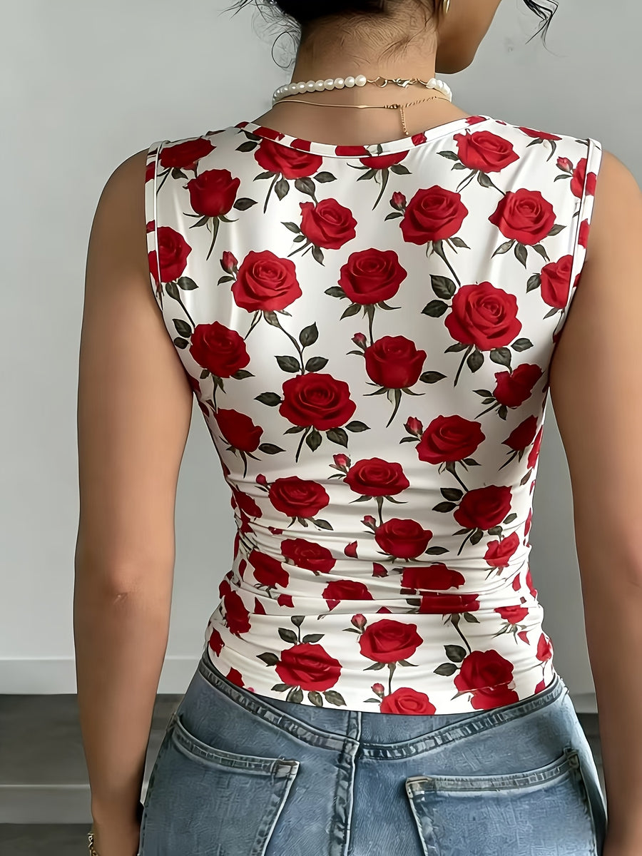 2026 New Sexy V-Neck Red Rose Print Summer Slim Fit Tank Top - White
