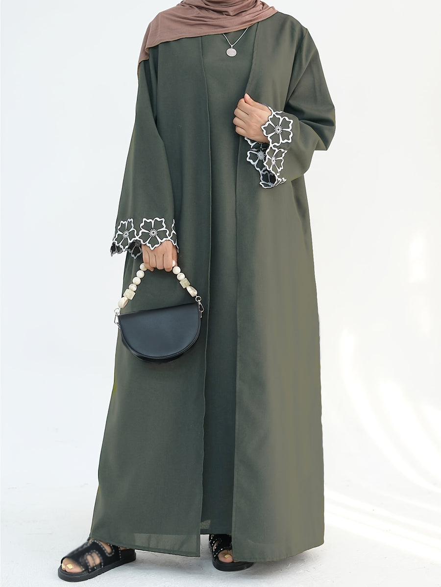 1pc Women's Elegant Floral Embroidered Saudi Arabian Abaya - Open Front Long Sleeve Loose Fit Islamic Dress, Middle Eastern Traditional Attire for Daily Wear, Vacation, Parties & Gatherings, Muslim Dress - Army Green