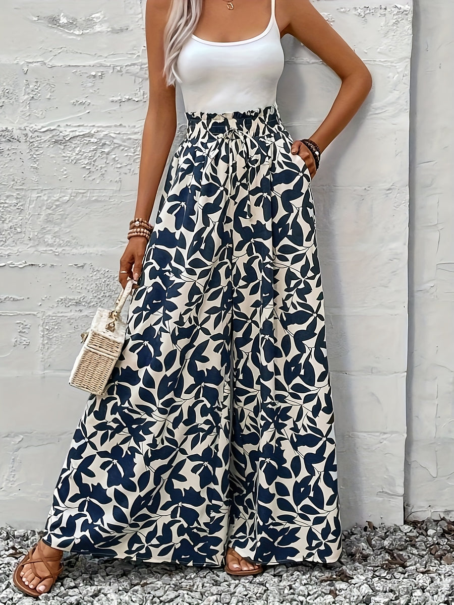 Summer Elegant Chic Romantic Women'S Printed Ruffled Waistband Wide-Leg Casual Loose Vacation Trousers with Fake Drawstring Casual Style - Apricot