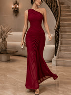 Western Sexy One-Shoulder Crossbody Dress, Single Sleeve Asymmetrical Neckline, All-Over Shirred Shaping with Front Center Drawstring Ruching, Sheer Slit Fitted Mermaid Evening Dress - Red
