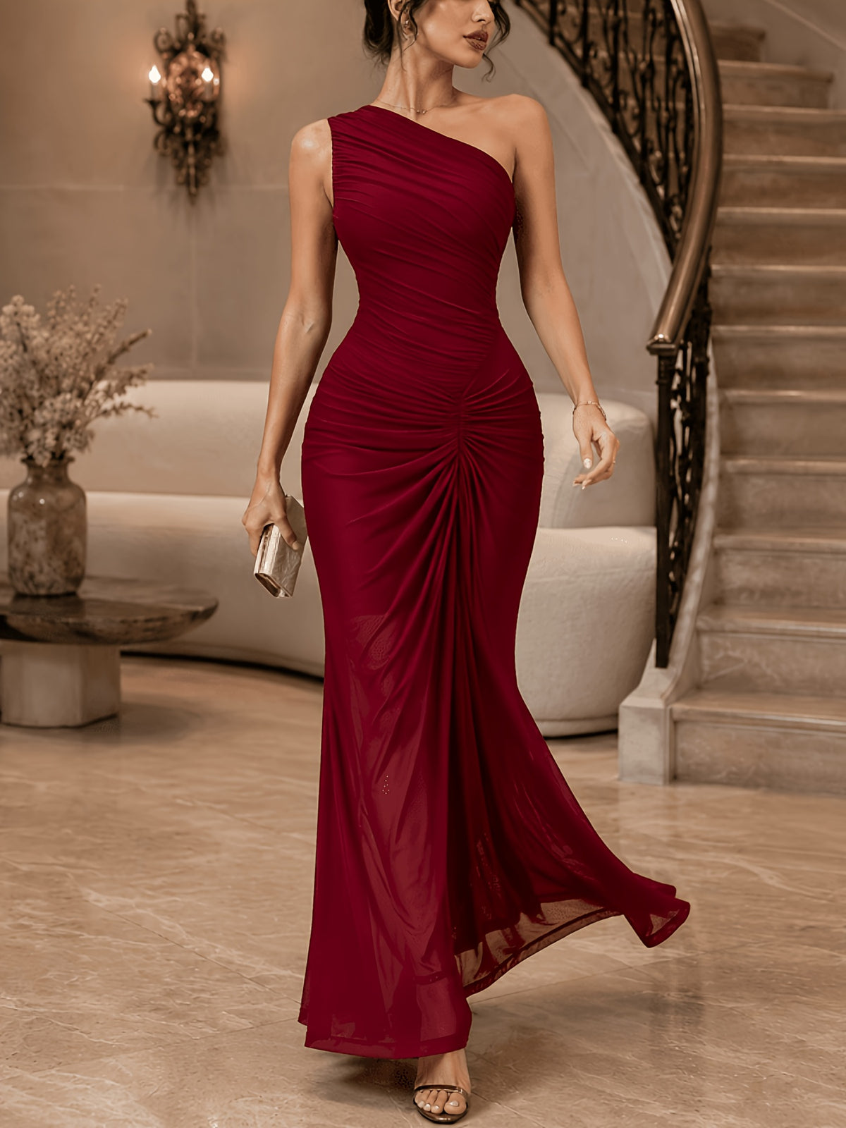 Western Sexy One-Shoulder Crossbody Dress, Single Sleeve Asymmetrical Neckline, All-Over Shirred Shaping with Front Center Drawstring Ruching, Sheer Slit Fitted Mermaid Evening Dress - Red