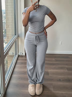 Women'S 2pcs Short Sleeve Top And Wide-Leg Pants Set, Fake Drawstring Waistband, Casual All-Season Outfit, Comfortable Home Wear, Daily Attire, Casual Style, Short Sleeve Top, Women'S Set, Women'S Clothing, Fashion Top, Autumn Women'S Wear - Grey
