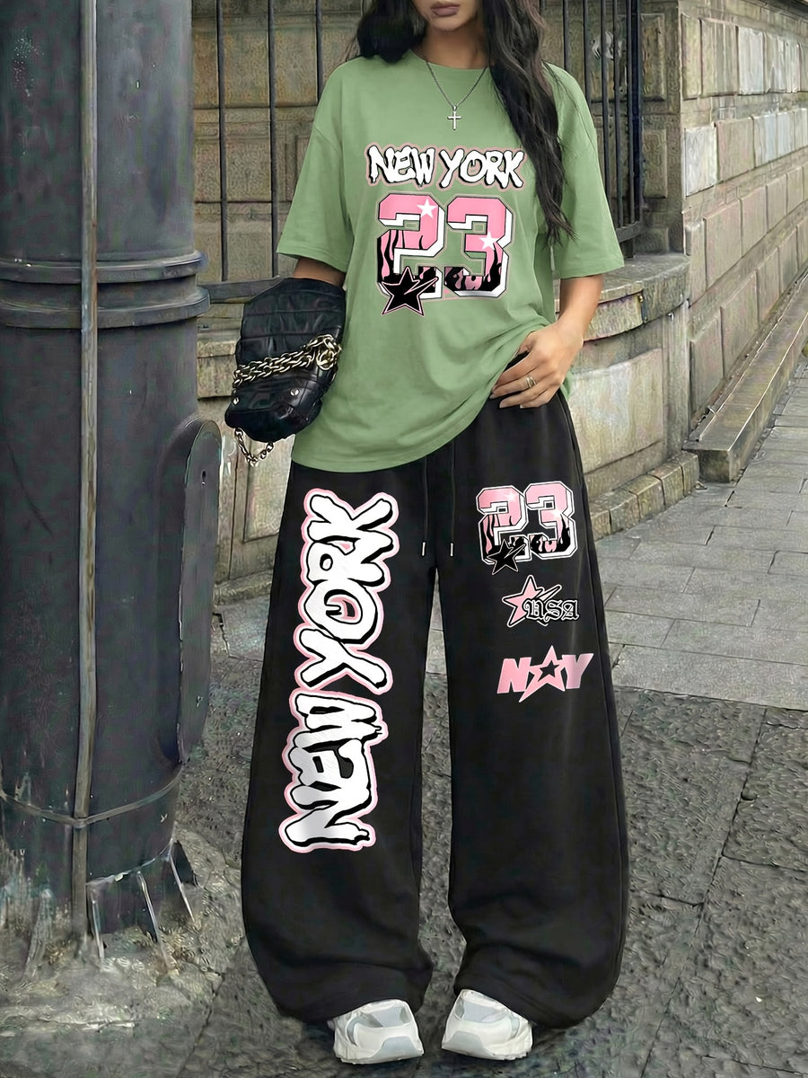 NEW YORK" and Number 23 Print Casual Streetwear Crew Neck Short Sleeve Top and Loose Drawstring Long Pants 2pcs Set, Women's Jersey Sporty Style Outfit, Suitable for Summer Street Style Hot - Green+Black