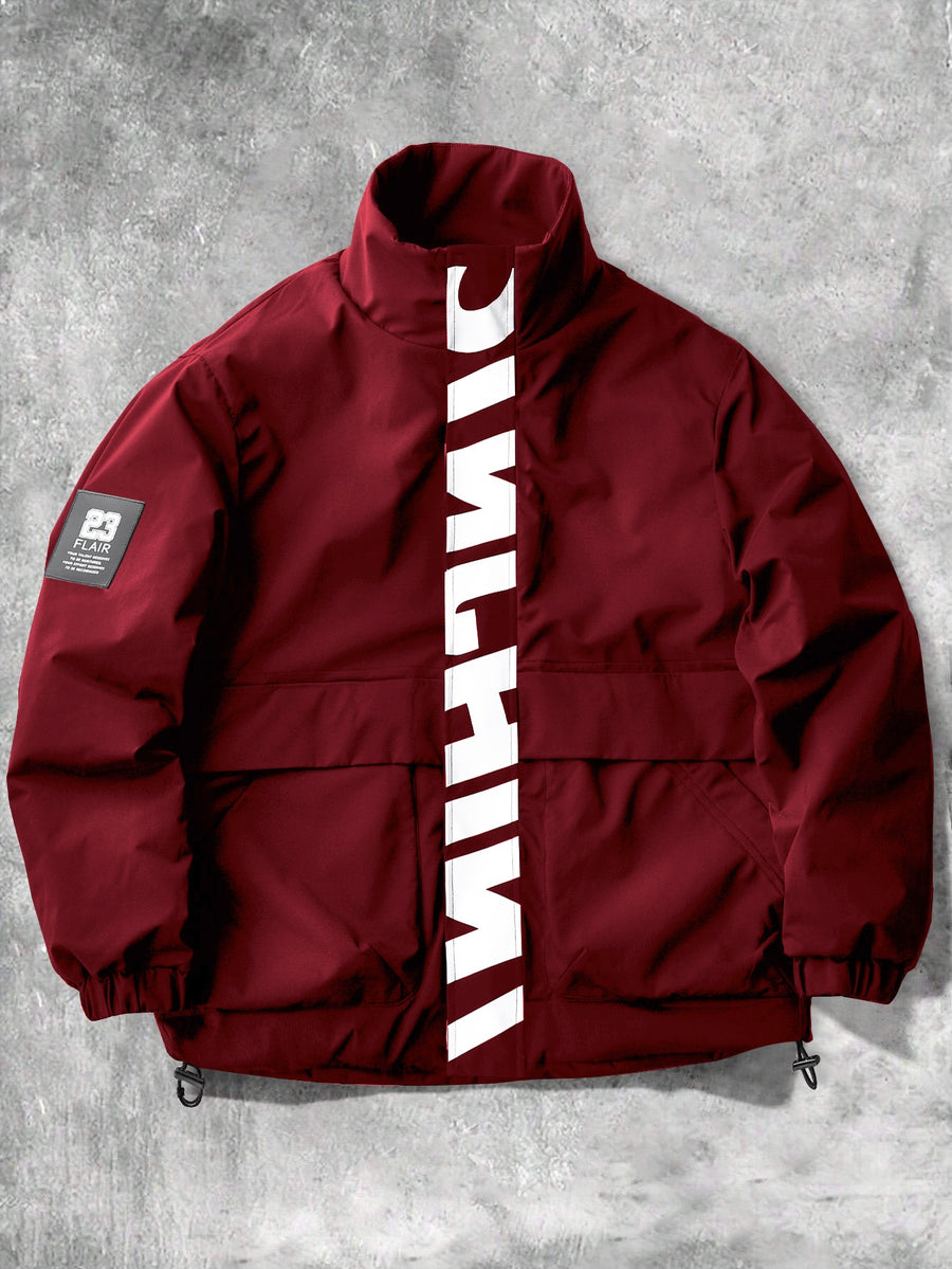Men's Stand Collar Jacket with Letter Print, Fashionable and Versatile, Large Pocket Design, Suitable for Outdoor Activities, School, Daily Commute, All-Season Wear. XMJK093 - Burgundy