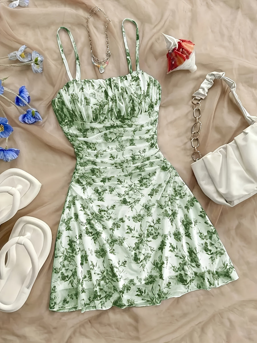 Women'S New Floral Print Halter Dress, Fashionable And Elegant, All-Season Wear - Light Green
