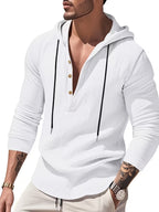 Spring Summer Men'S Linen Color-Block Drawstring Hooded Half-Button Retro Button Long Sleeve Henley Shirt Cuffs Can Be Rolled Loose Thin Breathable Pullover Top Beach Vacation All-Match Men'S Casual Vacation Long Sleeve Top - White