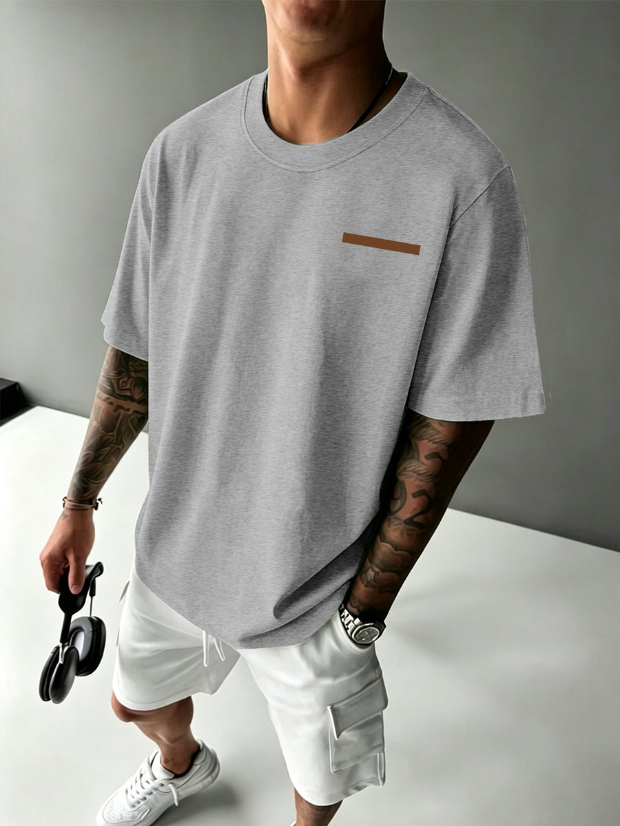 Men's Trendy Short-Sleeve T-Shirt with Minimalist Brown Long Strip Logo Print on the Chest, Crew Neck Top for Daily Wear - Light Grey