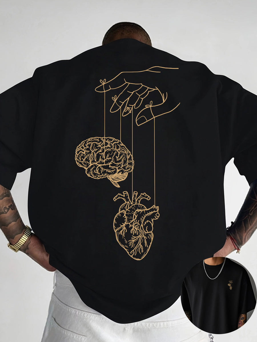 Creative Front and Back Printed Graphic Crew Neck T-shirt, Pure Cotton Summer Trendy Fashion Short Sleeve, Casual Daily Style Top, Essential for Outings and Leisure, an Excellent Gift Choice - Black