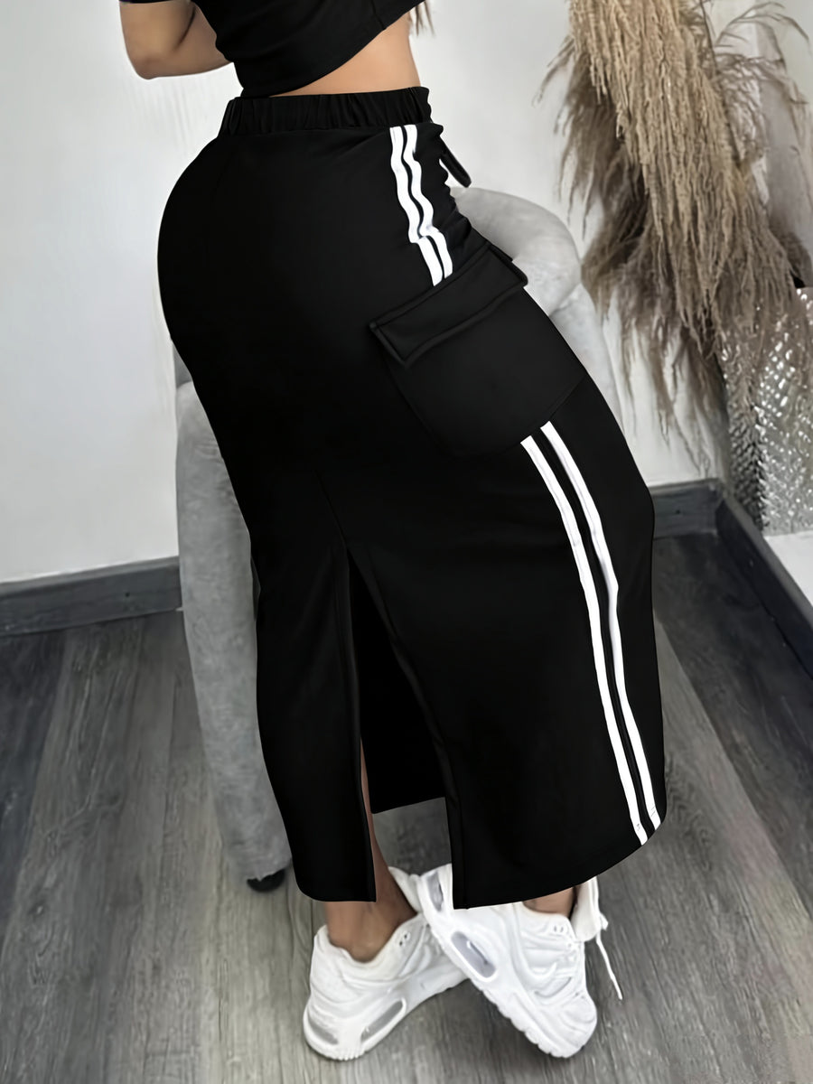 Casual Side-Panel Double-Bar Back-Slit Half Skirt - Black