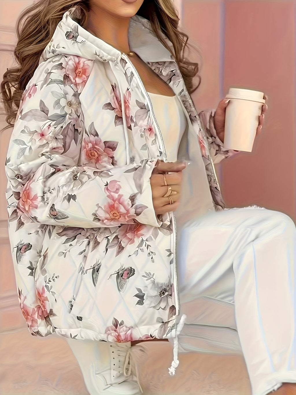 Women'S Elegant Floral Print Winter Coat - Long Sleeve Zip-Up Jacket with Pockets, Chic Outerwear for Fall/Winter, Casual to Formal Events, Cozy Outerwear, Winter Jacket For Women, Winter Jacket For Women High Quality, Winter Coat For Women - Apricot