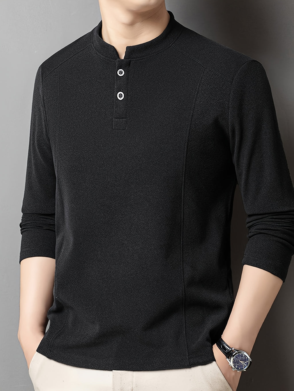 Men's Henley Neck Long Sleeve Base Layer Shirt, Slim Fit but Not Tight, Suitable for Middle-Aged Men, with a Light Business-Casual Vibe. -SINBOS - Black