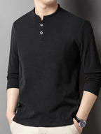 Men's Henley Neck Long Sleeve Base Layer Shirt, Slim Fit but Not Tight, Suitable for Middle-Aged Men, with a Light Business-Casual Vibe. -SINBOS - Black