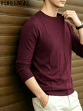 FORLENGKE Stylish Elegant Men'S Business Casual Grid Textured Crew Neck Knit Sweater, Soft Warm Long Sleeve Pullover for Fall Winter Office Daily Wear - Burgundy