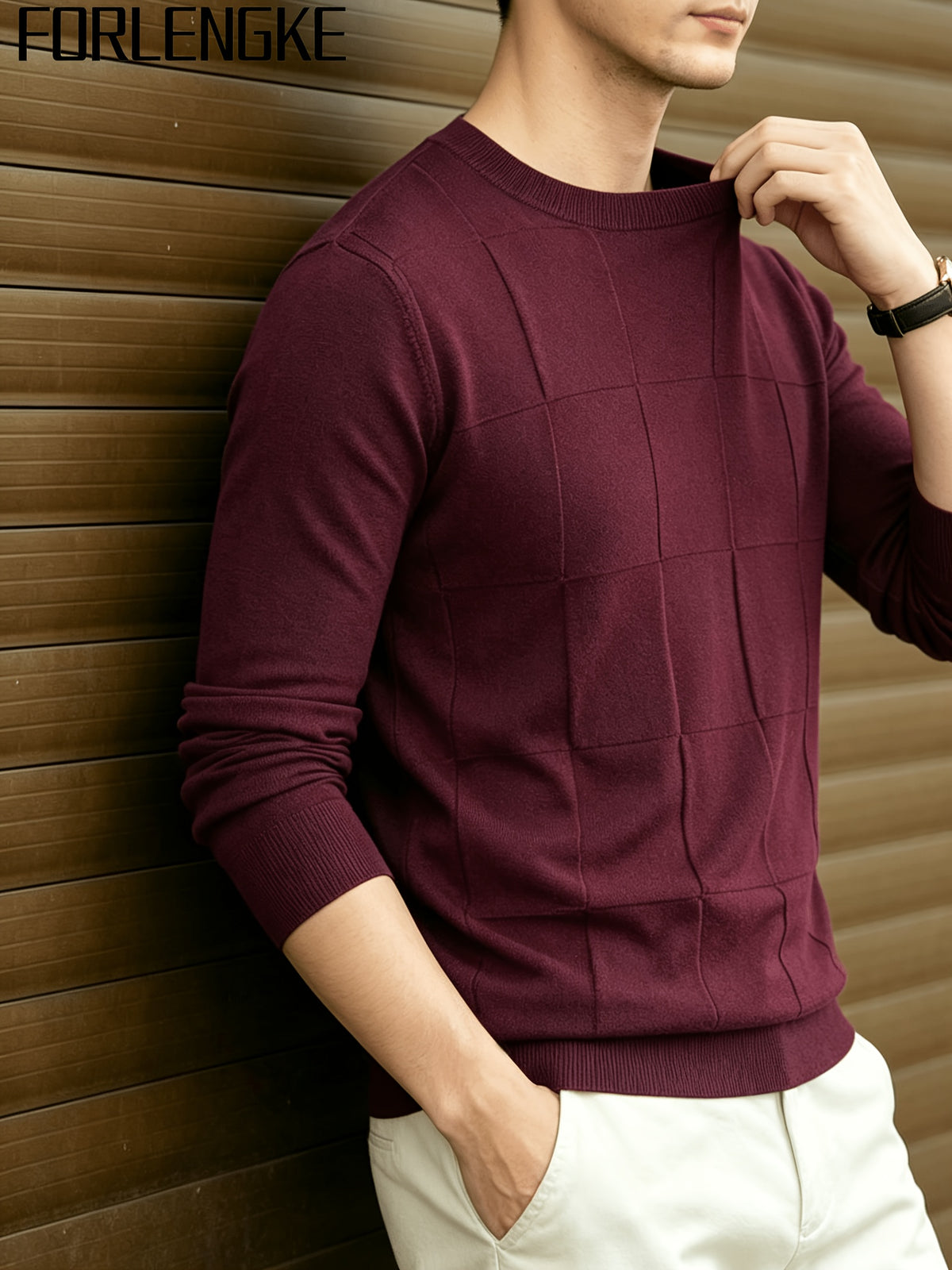 FORLENGKE Stylish Elegant Men'S Business Casual Grid Textured Crew Neck Knit Sweater, Soft Warm Long Sleeve Pullover for Fall Winter Office Daily Wear - Burgundy