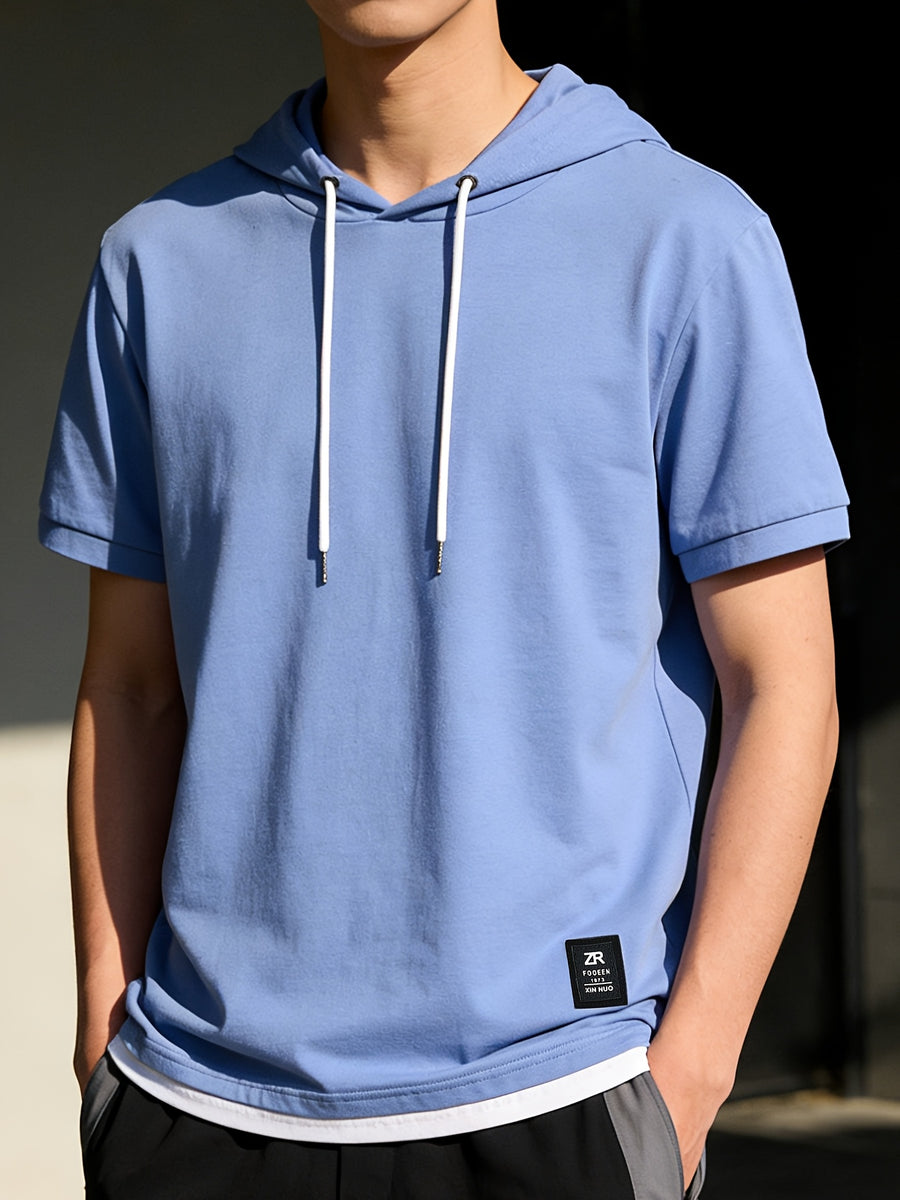 Men'S Casual Drawstring Hooded T-Shirt for Summer, Featuring a Faux Two-Piece Hem Design, Made from Soft, Sweat-Absorbing Fabric, Ideal for Outdoor Leisure Activities And Sports, Sweat-Resistant - Sky Blue