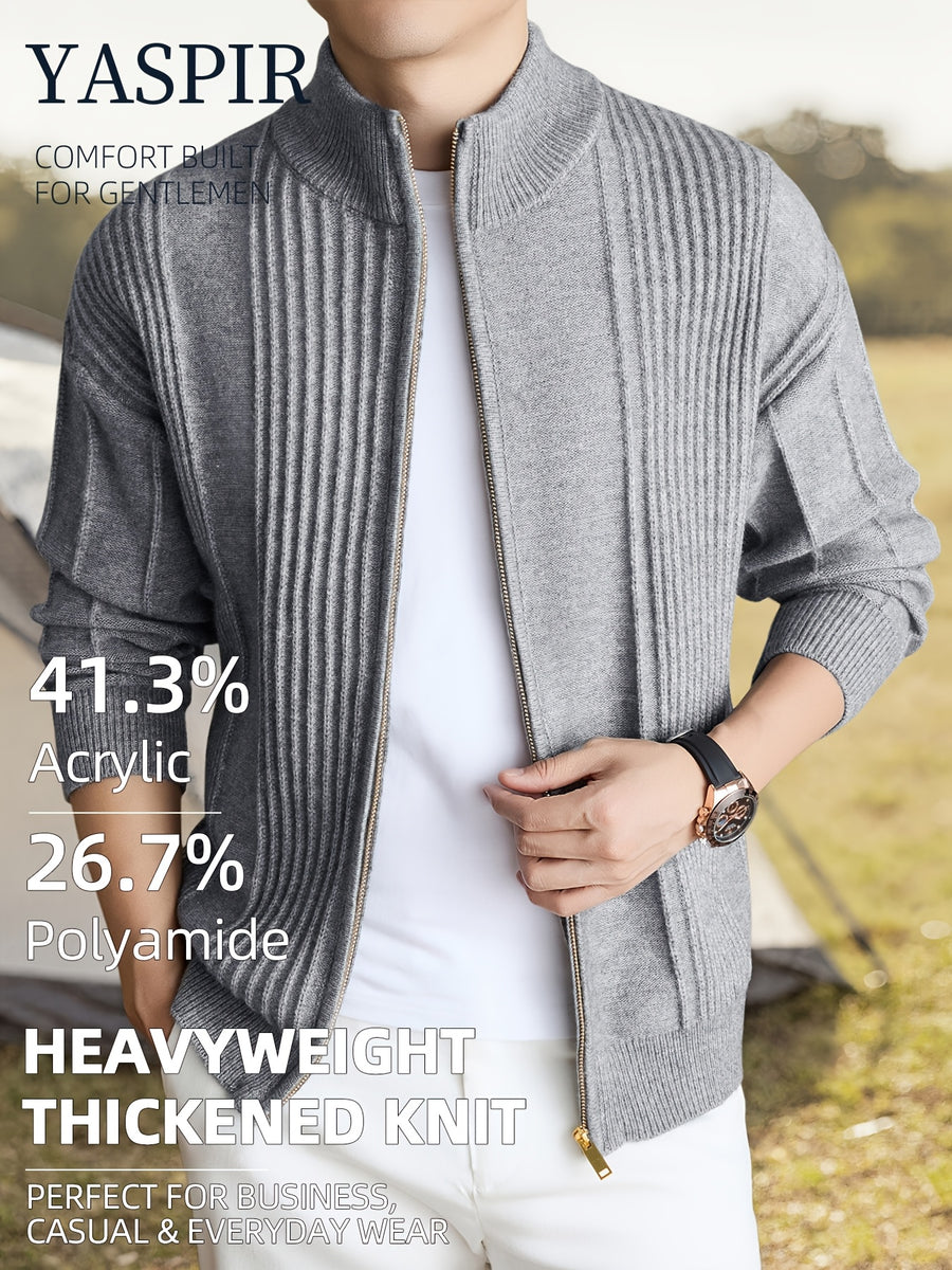 Autumn Winter Men'S Solid Color High Neck Cardigan, Solid Color Striped Design, Casual Elegant Old Money Style, Heavyweight Thick Warm Cold Resistant, Suitable for Daily Casual Sports Outdoor Camping Fishing Wear, Ideal Father'S Day Gift - Clip Grey