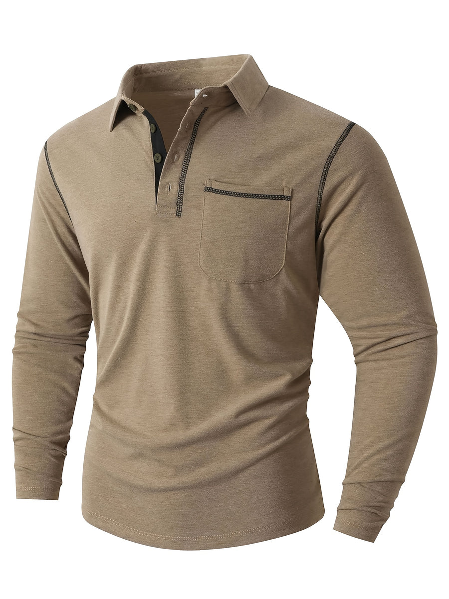 KJ-P029 Men's Long Sleeve Henley Shirt with Contrast Color Placket and Pocket Design, Stretchy, Comfortable, and Casual Polo for Daily Commuting Wear - Khaki