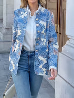 ZJ0911026 Fashion Retro Style Single-Breasted Small Stand-Up Collar Suit Floral Print Long Sleeve Jacket - Mixed colors