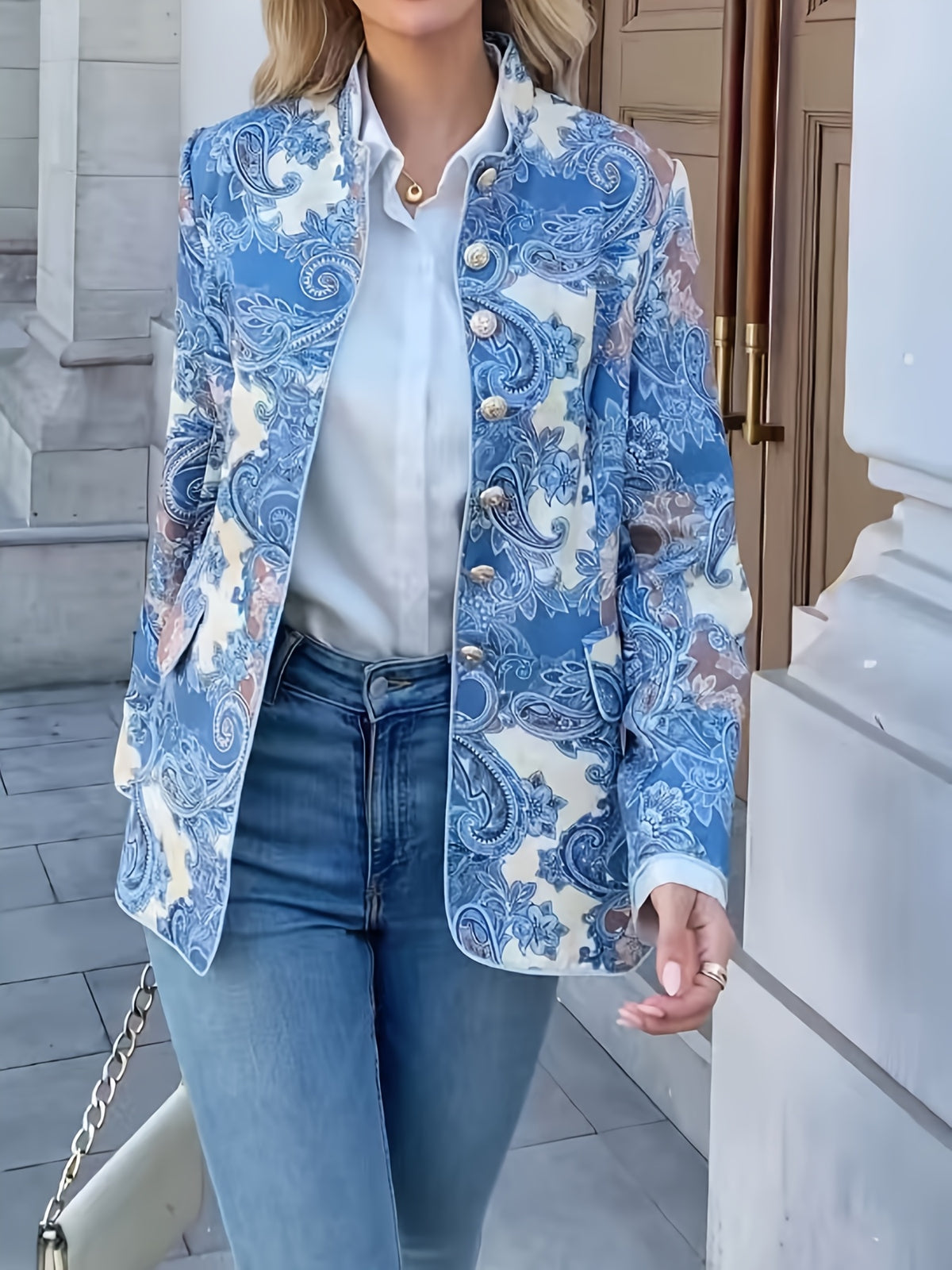 ZJ0911026 Fashion Retro Style Single-Breasted Small Stand-Up Collar Suit Floral Print Long Sleeve Jacket - Mixed colors
