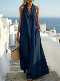 Women' Vintage Sleeveless Maxi Dress with -Neck & S - Loose Dress Suitable for Island Vacations, Casual Outfits, S, Machine Washable Solid Color Dress for Year-Round Travel and Casual Attire - Navy Color