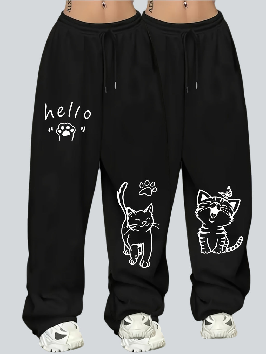2pcs Plus Size Women'S Casual Wide-Leg Athletic Pocket Sweatpants, Solid Color Drawstring Pattern Printed Sweatpants - Black+black