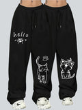2pcs Plus Size Women'S Casual Wide-Leg Athletic Pocket Sweatpants, Solid Color Drawstring Pattern Printed Sweatpants - Black+black