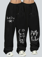 2pcs Plus Size Women'S Casual Wide-Leg Athletic Pocket Sweatpants, Solid Color Drawstring Pattern Printed Sweatpants - Black+black