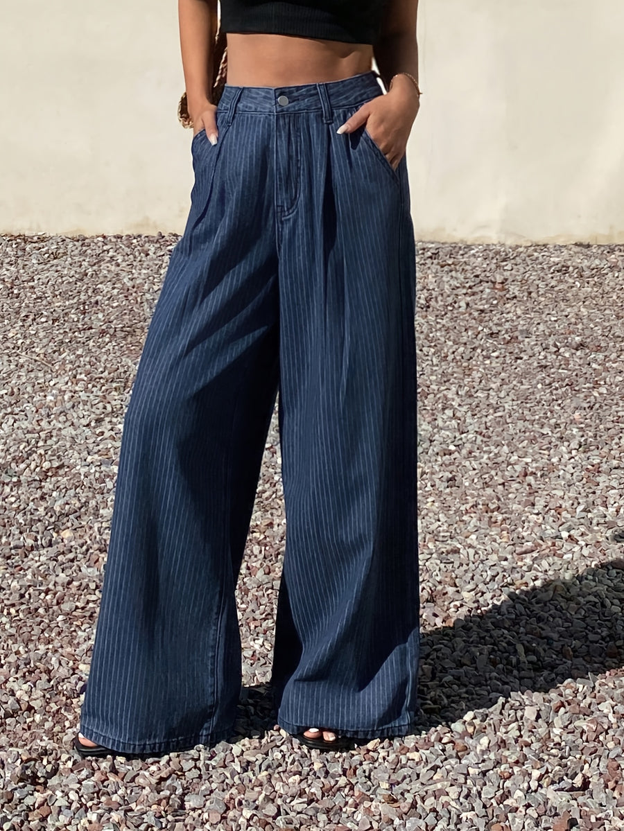 26AW Women'S Non-Stretch Retro All-Match Casual Fashion Elegant Mid-Waist Pocket Machine Washable Durable Printed Striped Multifunctional Loose Straight-Leg Denim Long Pants Street Trendy Style - Medium Blue