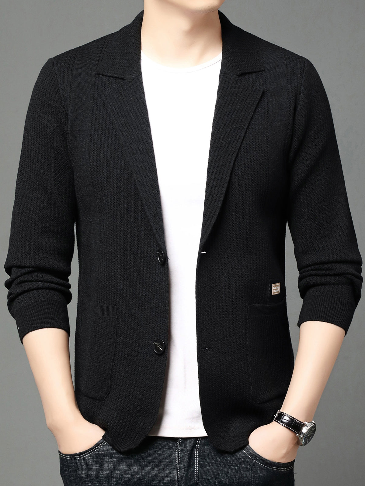 1 Men's Knitted Suit Lapel Jacket, Suitable for Light Business Wear and Daily Work, Ideal as a Gift - Black