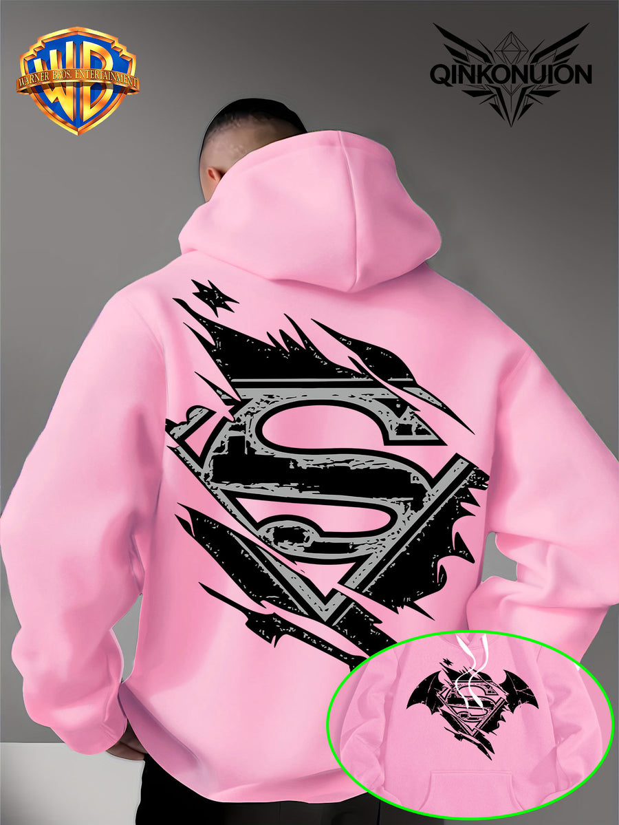 Warner Official Men's Hooded Sweatshirt, Black and White Distressed Batman Symbol Torn Wind Print Design, Machine Washable, Cozy and Comfortable Daily Drawstring Hooded Sweatshirt for Autumn and Winter, Versatile Sporty Casual Loose Fit - Pink Color