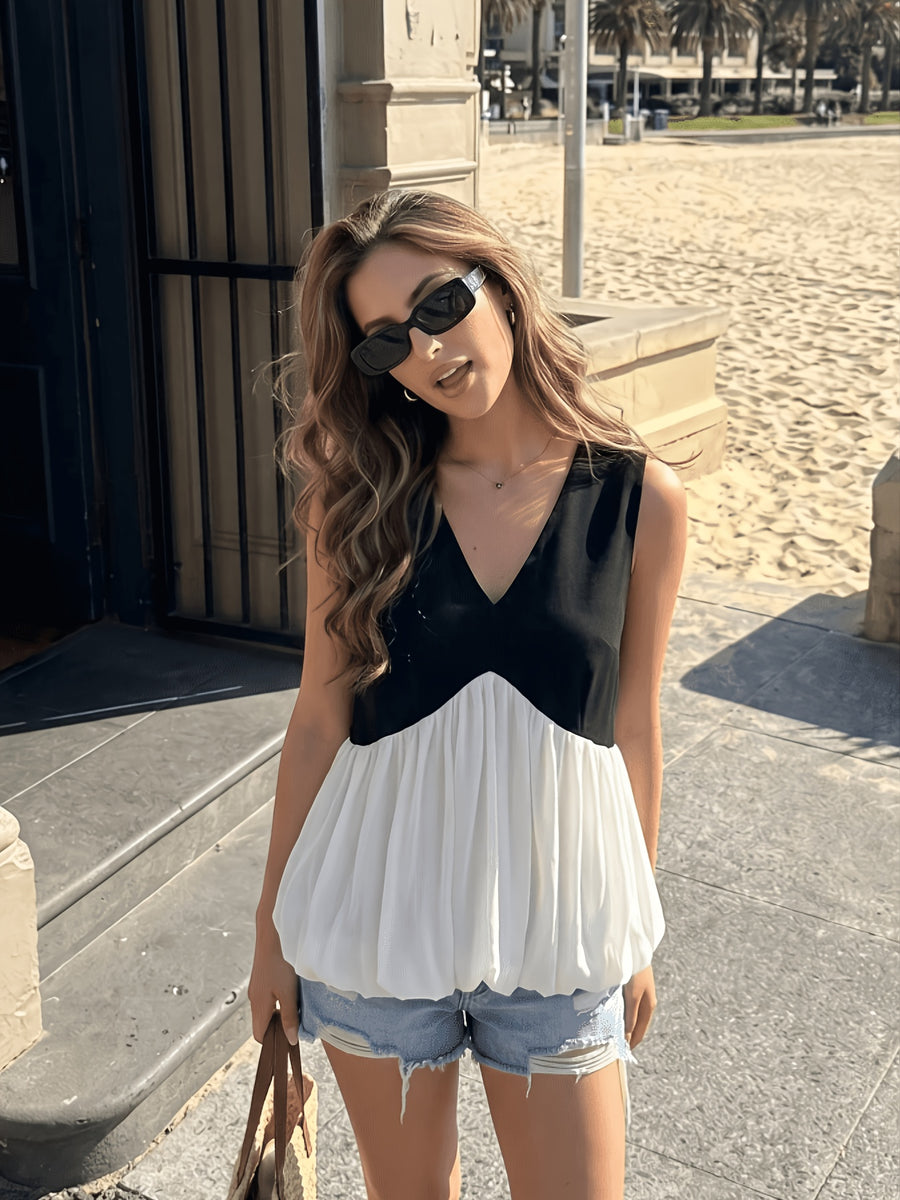Elegant Women'S Spliced Chiffon Summer Fashion Tank Top with Side Zippers, Women'S Summer T-Shirts, Daily Outfits And Vacation Wear - Black And White