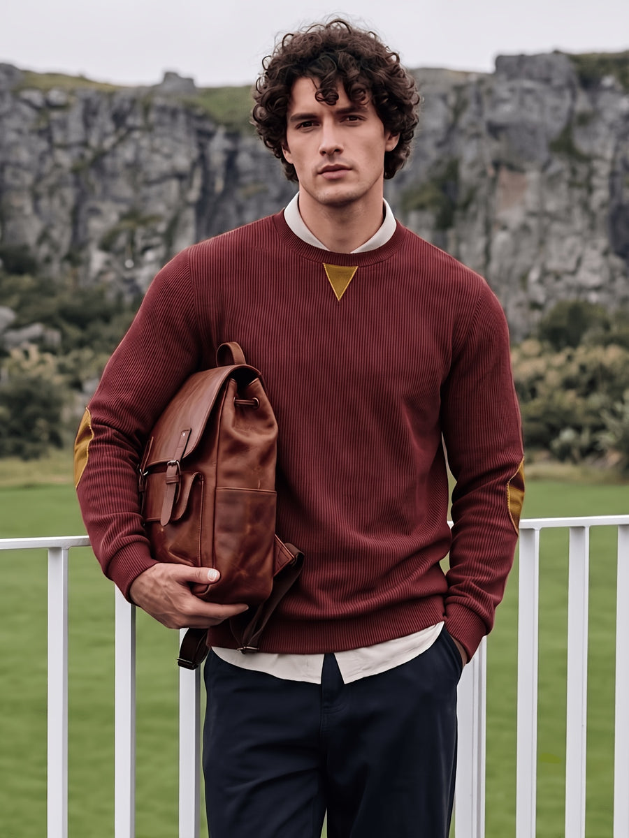 Men'S Corduroy Long-Sleeve Crew-Neck Pullover Leisure Work Outdoor Daily Wear Faux Collar Elbow Patches Design Loose Regular Fit Suitable for Spring, Autumn, And Winter Four Seasons Solid Color Minimalist Tone - Burgundy
