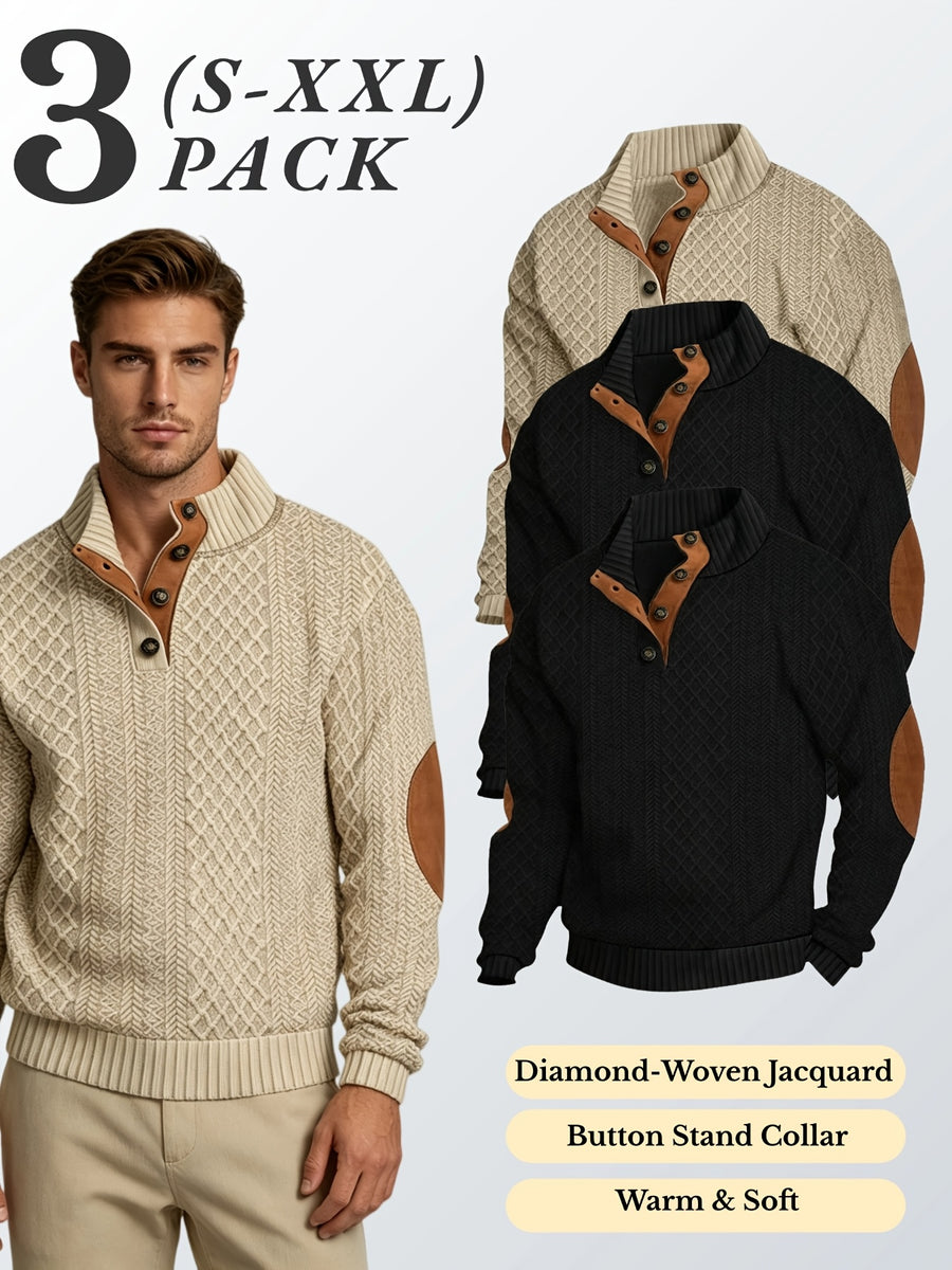 3pcs Men'S Textured Jacquard Knit Sweater Retro Casual Button-Up Stand Collar Long Sleeve Top for Autumn Winter Outing Home Versatile Basic Solid Color - Black 2+ Khaki