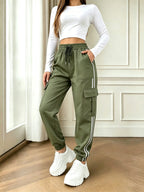 2026 New Striped Drawstring Elastic Waist Sporty Casual Women's Cargo Pants - Olive Green