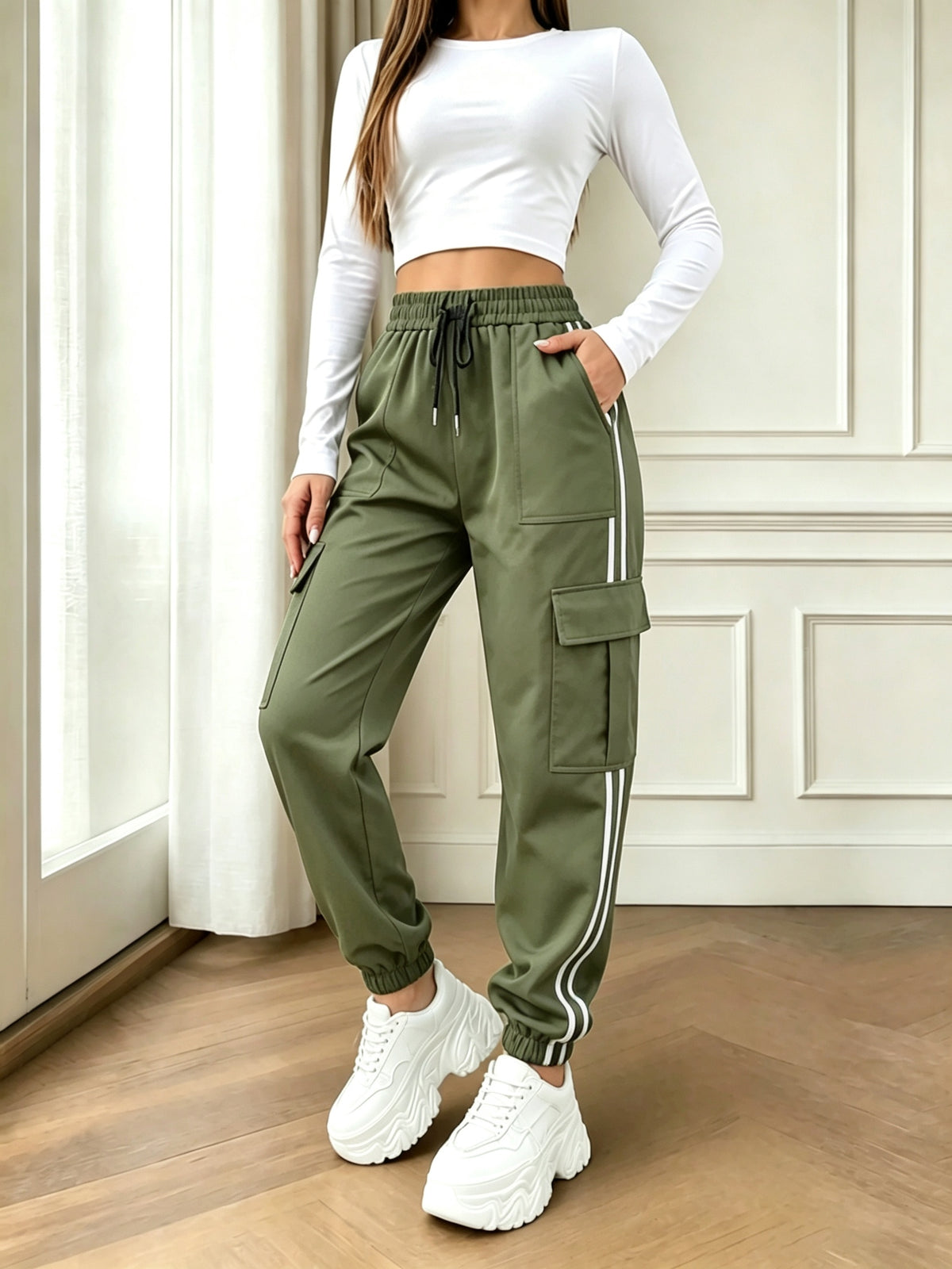 2026 New Striped Drawstring Elastic Waist Sporty Casual Women's Cargo Pants - Olive Green