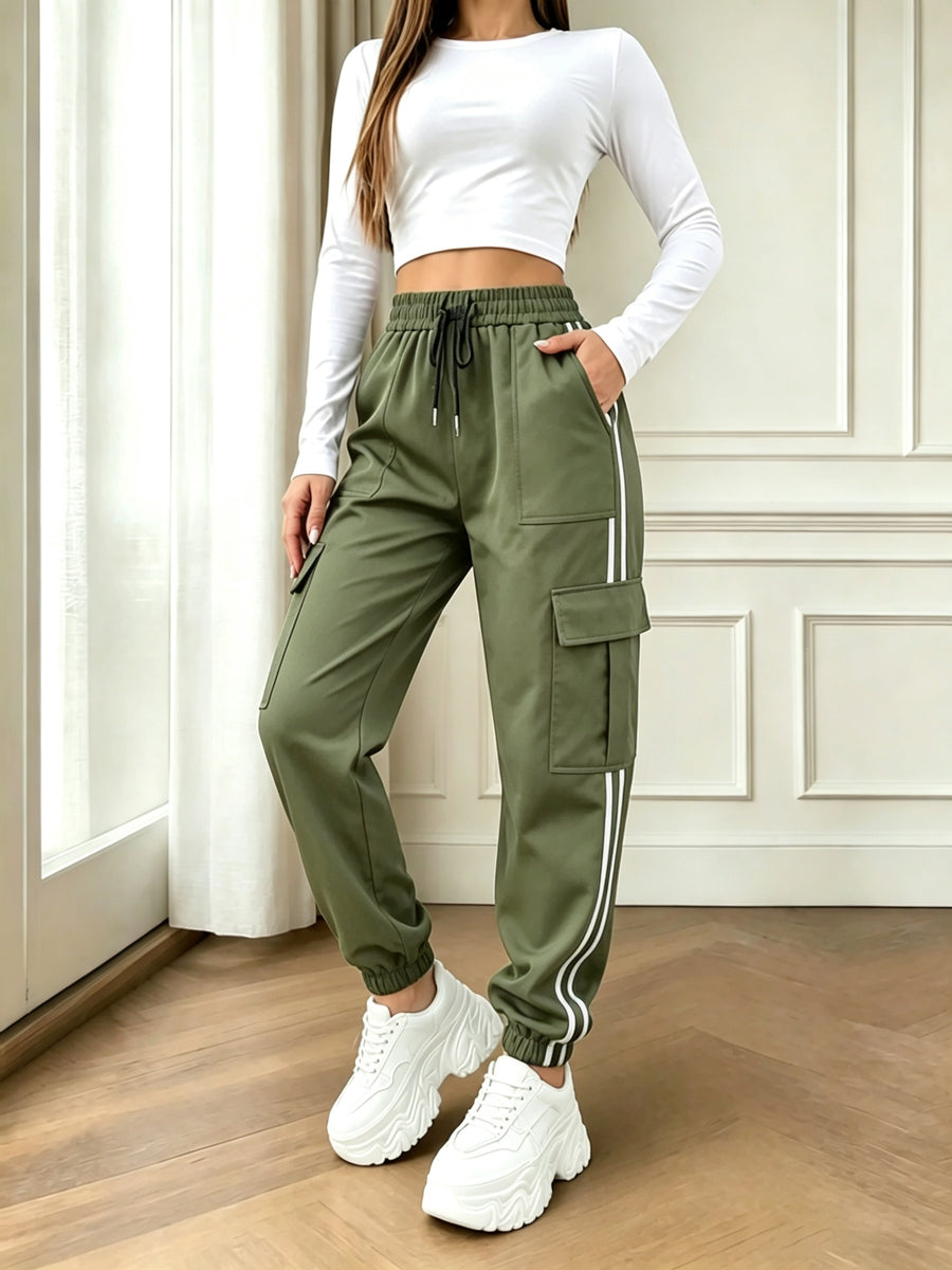 2026 New Striped Drawstring Elastic Waist Sporty Casual Women's Cargo Pants - Olive Green