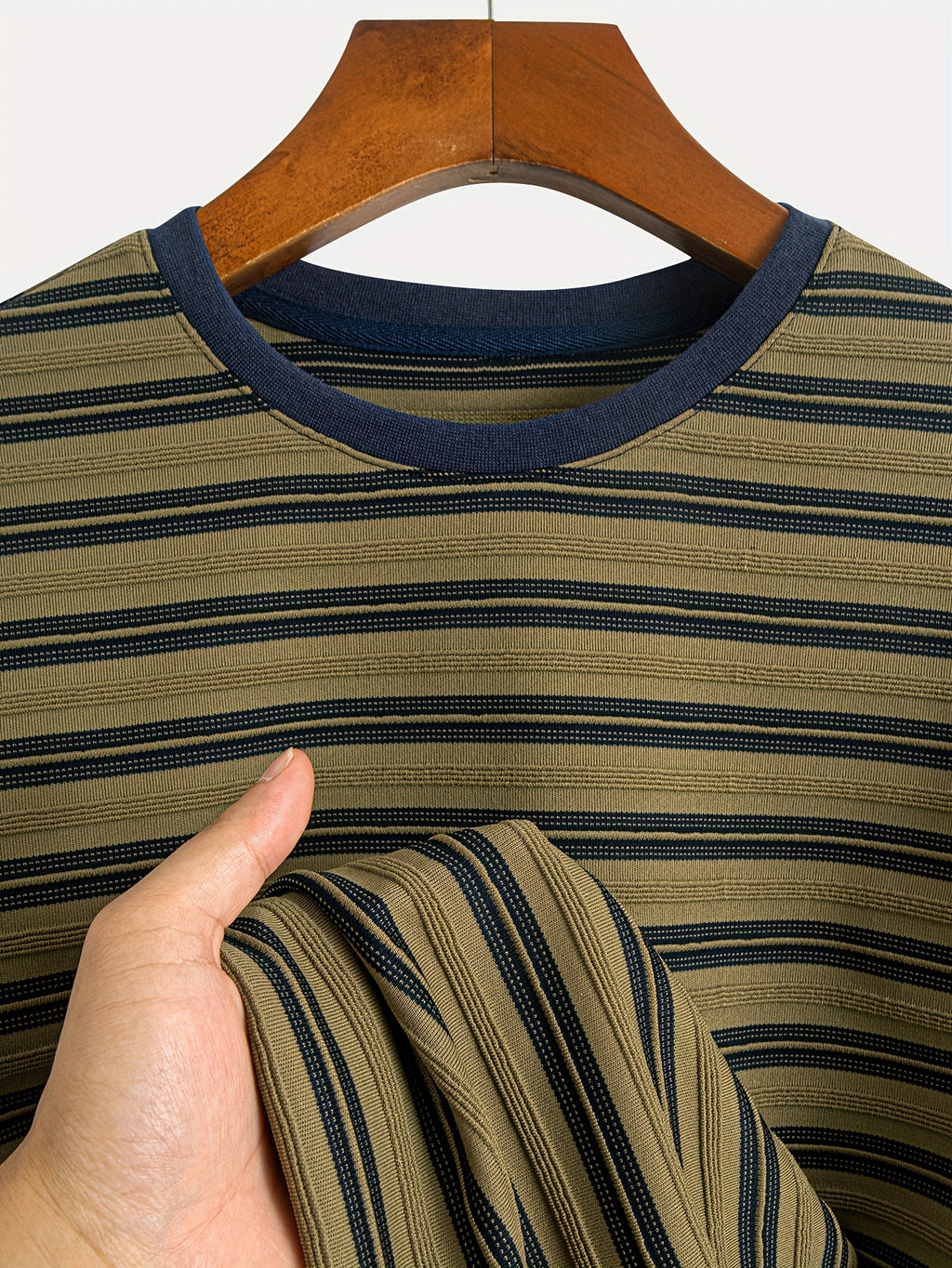 1pc Men's Summer Knit Striped T-Shirt - Soft Breathable Fabric, Classic Round Neck Short Sleeve, Regular Fit for Casual & Outdoor Wear, Multi-Color Striped Design, Daily Outfit, Lightweight Shirt, Basic Tee, Casual Attire - Olive