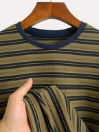 1pc Men's Summer Knit Striped T-Shirt - Soft Breathable Fabric, Classic Round Neck Short Sleeve, Regular Fit for Casual & Outdoor Wear, Multi-Color Striped Design, Daily Outfit, Lightweight Shirt, Basic Tee, Casual Attire - Olive