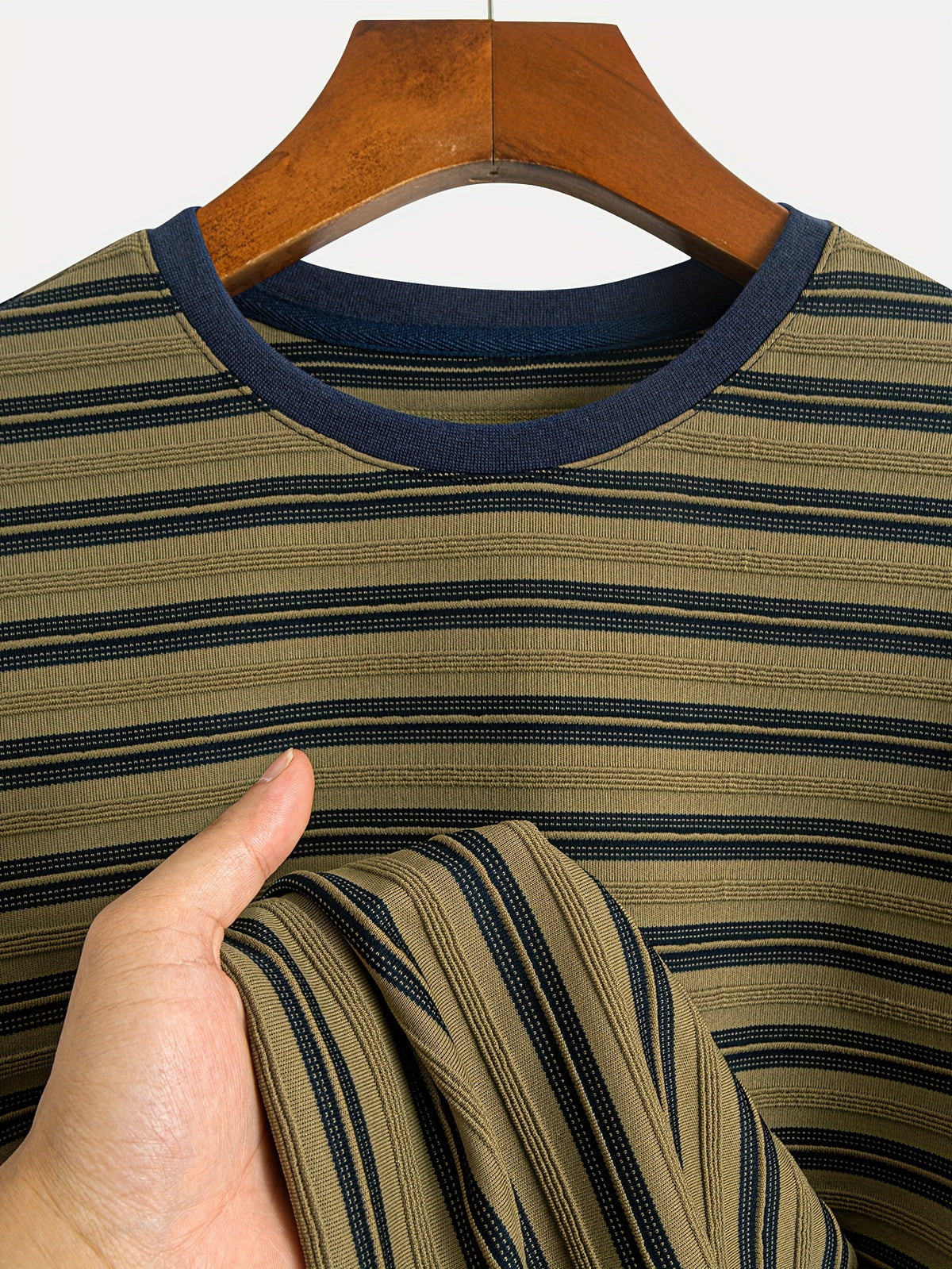 1pc Men's Summer Knit Striped T-Shirt - Soft Breathable Fabric, Classic Round Neck Short Sleeve, Regular Fit for Casual & Outdoor Wear, Multi-Color Striped Design, Daily Outfit, Lightweight Shirt, Basic Tee, Casual Attire - Olive