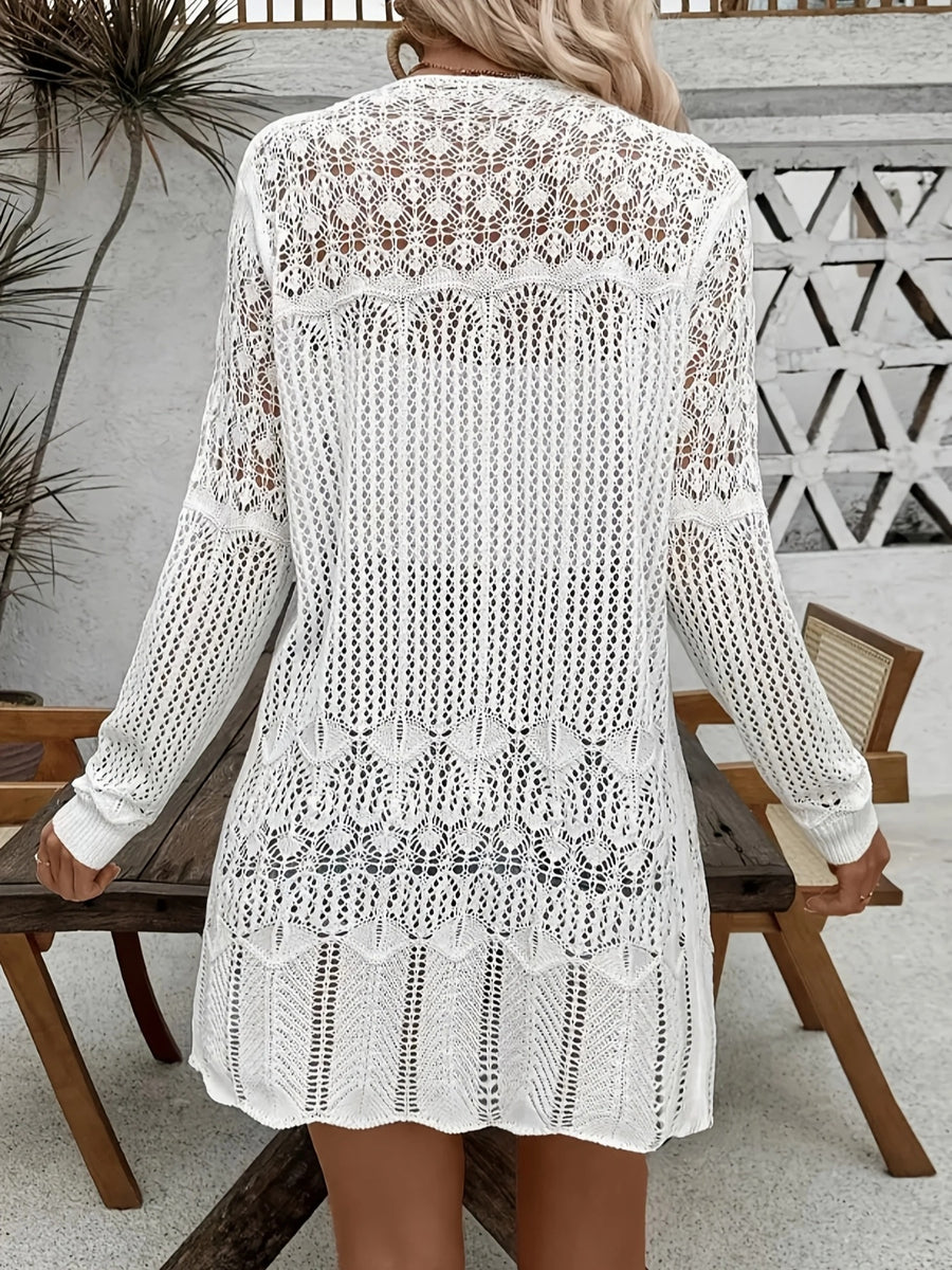 Women'S Elegant Long Sleeve Lace Open Cardigan, Suitable for Vacation, Beach - White