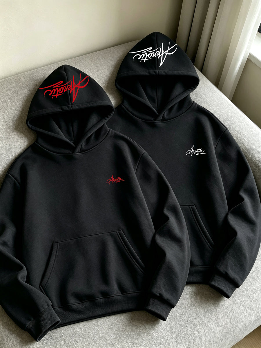 2pcs Men'S Casual Fleece-Lined Sweatshirts, American Retro Street Style, Trendy Letter Print, Loose Fit, Comfortable Fabric, Suitable for Autumn/Winter Outdoor, Vacation, And Daily Wear, Ideal Gift for Boyfriend/Husband, 2pcs Set - Black