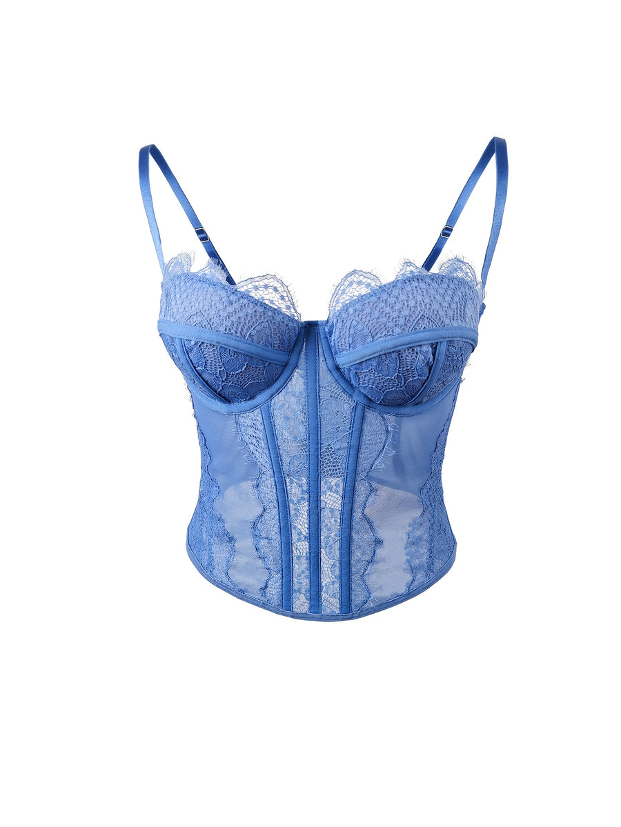 Sexy Lace Fitted Vest Top - Bodycon Cut, V-Neck, Sleeveless, Solid Color, with Exquisite Lace Detail, Suitable for Fashion Style, Lace Top - Light Blue