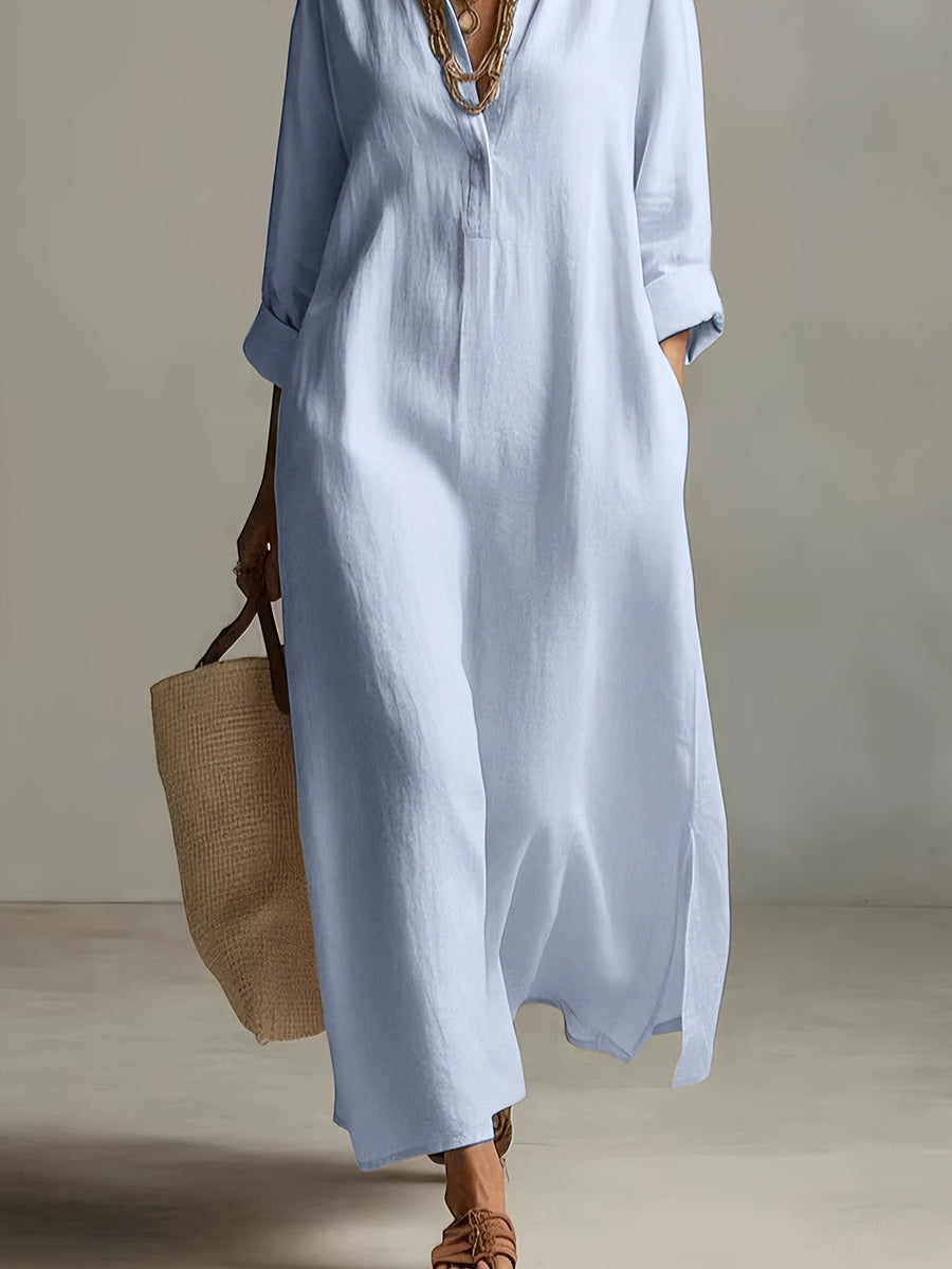 Autumn Casual Solid Color Lazy Style Long Sleeve Shirt Dress for Women, Double Pocket Design, Loose Fit with Side Slit Long Dress, Adds a Touch of Vintage Charm, Moderately Thick, Breathable, Skin-Friendly, and Soft Fabric, Versatile Style - Light Blue