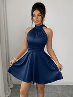 Ladies Pea Green, Fashionable Luxurious Elegant Sexy Green Satin Tie-Back Backless Mini Dress, Daily Outings, Formal Banquets, Dates, Parties, Weddings, Festivals, Spring And Summer Short Skirts, Vacations, Summer Holidays - Navy Color