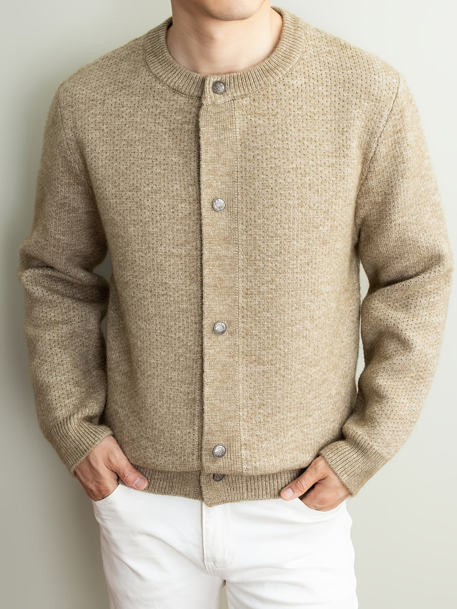 [Wading Whale OBM] 1pc Autumn Winter New Men'S Knit Cardigan, Old Money Style Textured Solid Color Round Neck Open Front Single Button Long Sleeve Sweater Base Layer Top, Men'S Casual Fashion, Suitable for Autumn And Winter Wear, Fits Daily Commute - Khaki